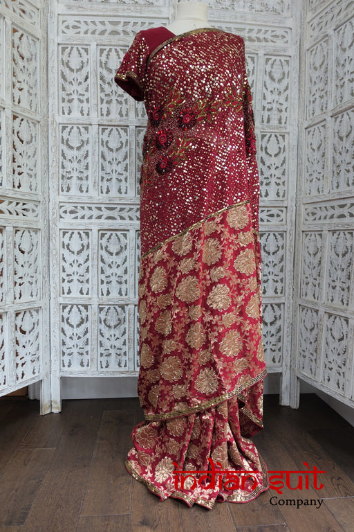 Maroon Banarsi Brocade & Silk & 36 Bust Blouse Sari - Preloved - Indian Suit Company