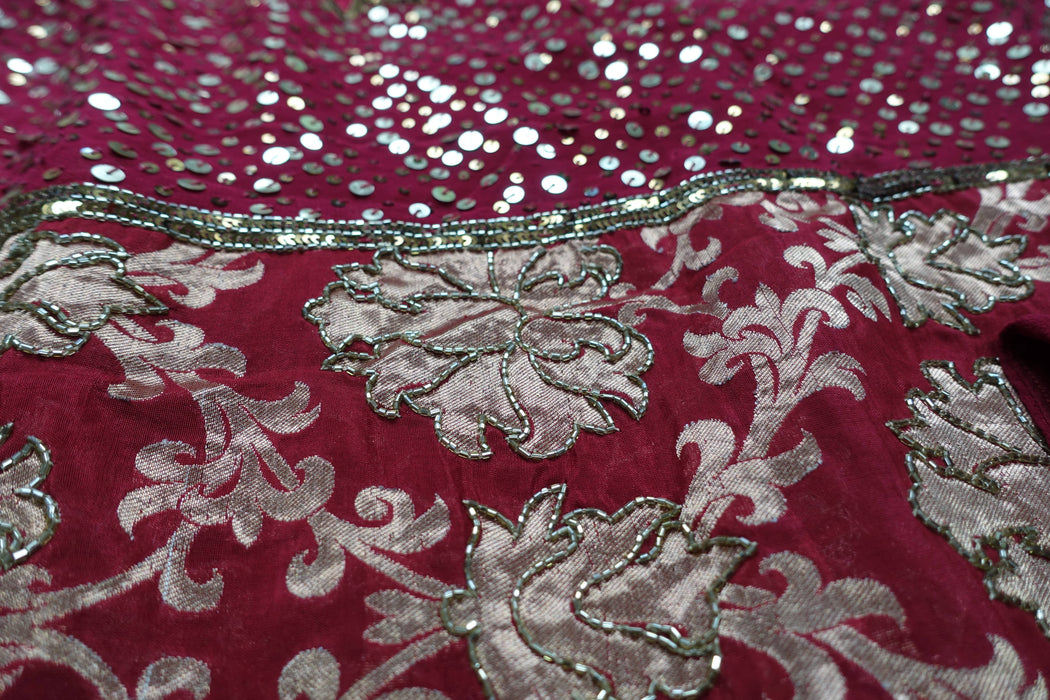 Maroon Banarsi Brocade & Silk & 36 Bust Blouse Sari - Preloved