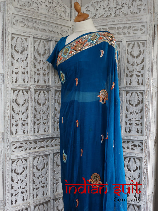 Blue Vintage Silk Sari With 41 Bust Blouse - New - Indian Suit Company