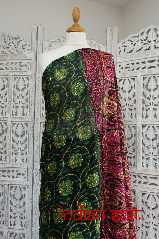 Printed Emerald Green, Pink & Gold Vintage Sari - New - Indian Suit Company