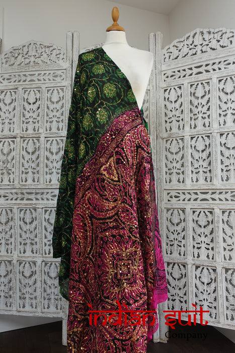 Printed Emerald Green, Pink & Gold Vintage Sari - New - Indian Suit Company
