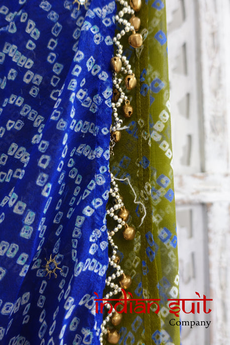 Bandhani Print Blue & Green Sari With 30 Inch Blouse - New - Indian Suit Company