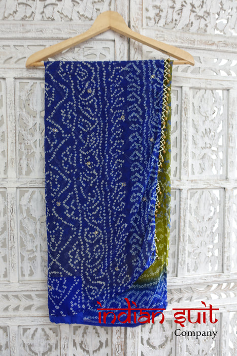 Bandhani Print Blue & Green Sari With 30 Inch Blouse - New - Indian Suit Company