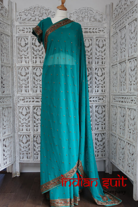 Teal Embellished Sari Saree + 42 Inch Blouse - Preloved - Indian Suit Company