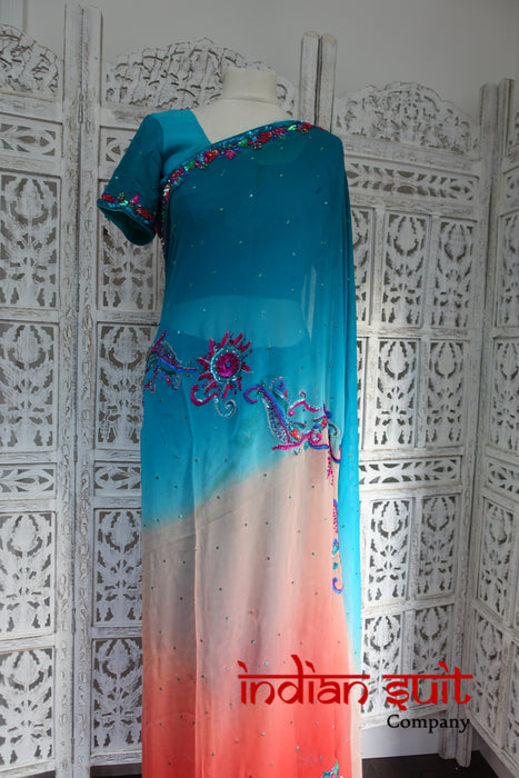Blue & Orange Silk Chiffon Sari + Blouse - Preloved - Indian Suit Company