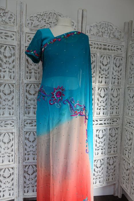 Blue & Orange Silk Chiffon Sari + Blouse - Preloved