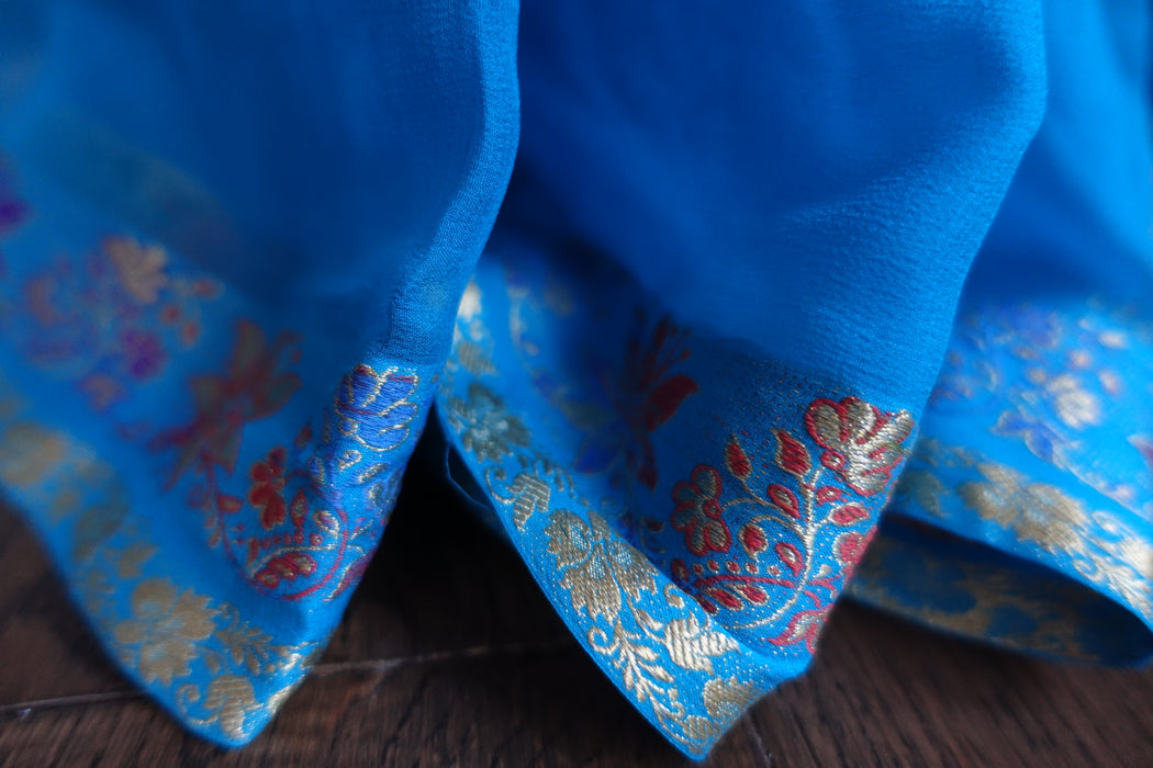 Blue Pure Silk Chiffon Sari With Blouse Piece - New