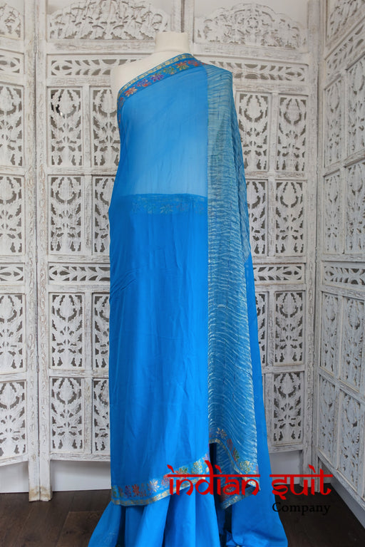 Blue Pure Silk Chiffon Sari With Blouse Piece - New - Indian Suit Company