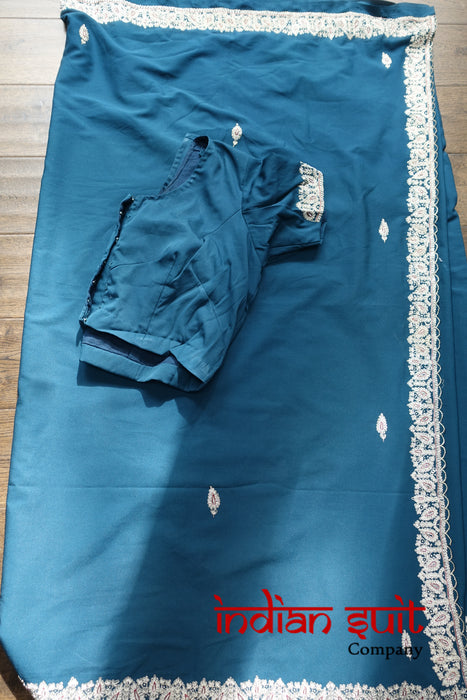 Dark Teal Sari + 39 Bust Blouse Sari - Preloved - Indian Suit Company