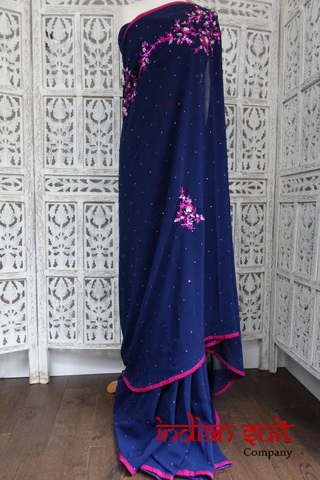 Indigo Blue Chiffon Sari - New - Indian Suit Company