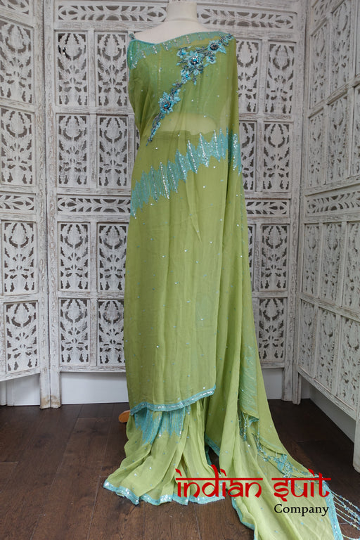 Pistachio Green Silk Chiffon Sari Saree 36 Inch Blouse - Preloved - Indian Suit Company