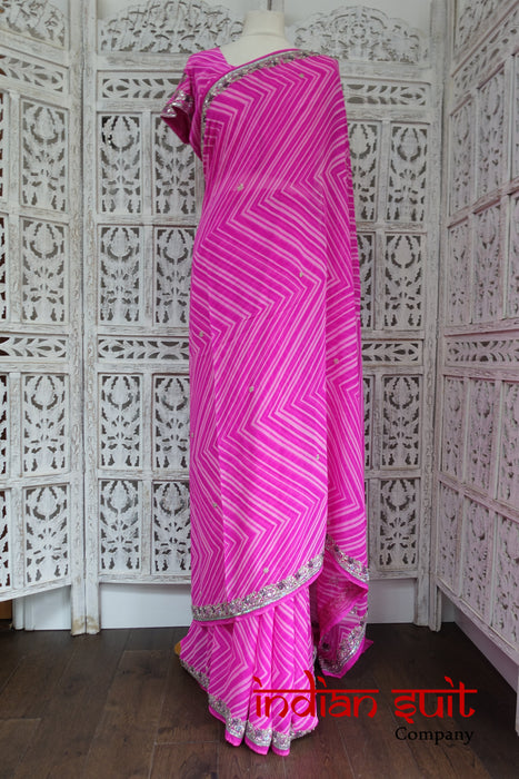 Pink White Stripe Silk Indian Sari + 38 Bust Blouse - Preloved - Indian Suit Company