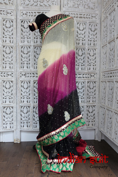 Black, Cream & Magenta Sari + 35 Bust Blouse - Preloved - Indian Suit Company