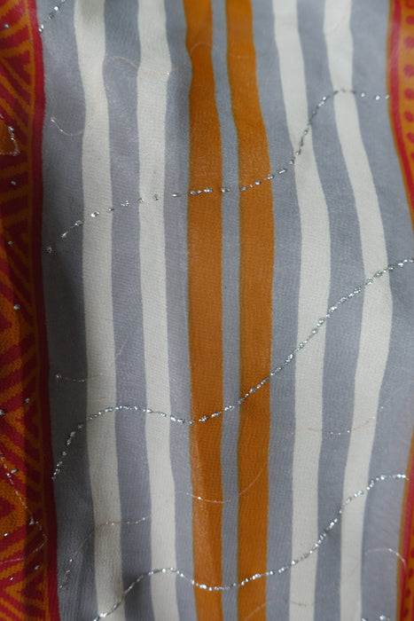 Grey & Orange Prepleated Chiffon Sari - Preloved