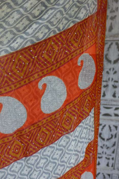 Grey & Orange Prepleated Chiffon Sari - Preloved