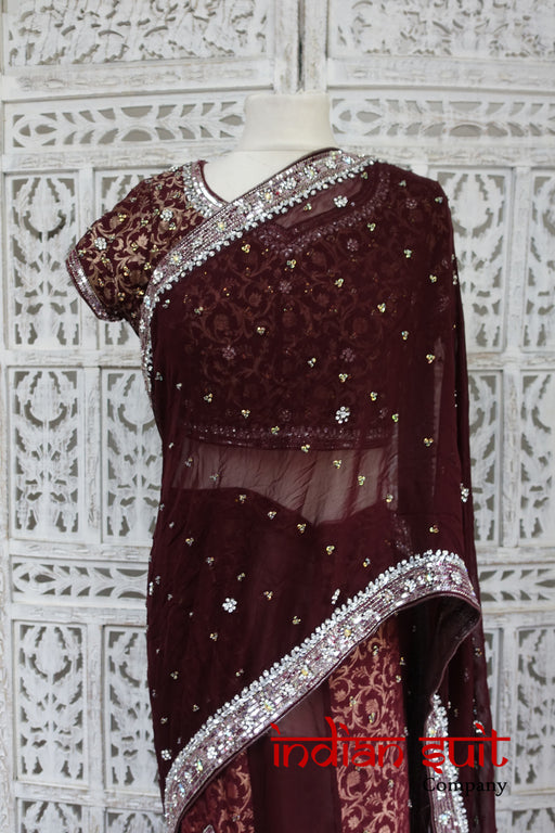 Aubergine Banarsi Silk Brocade Sari + 43 Blouse Preloved - Indian Suit Company