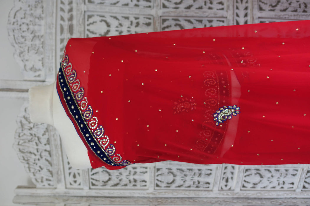Red Sari With Velvet Trim & Blouse Piece - New