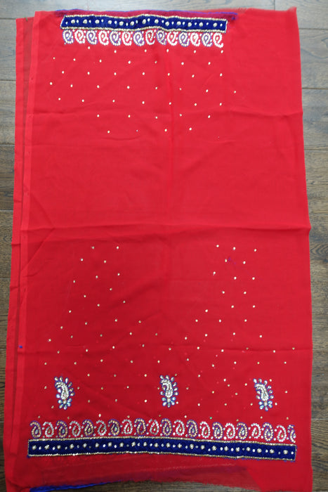 Red Sari With Velvet Trim & Blouse Piece - New