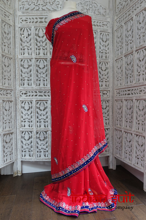 Red Sari With Velvet Trim & Blouse Piece - New - Indian Suit Company
