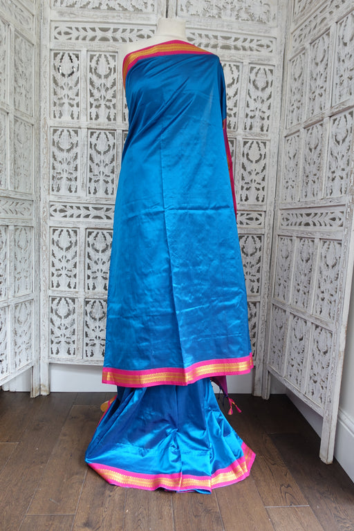 Blue & Pink Silk Blend Vintage Sari - New - Indian Suit Company