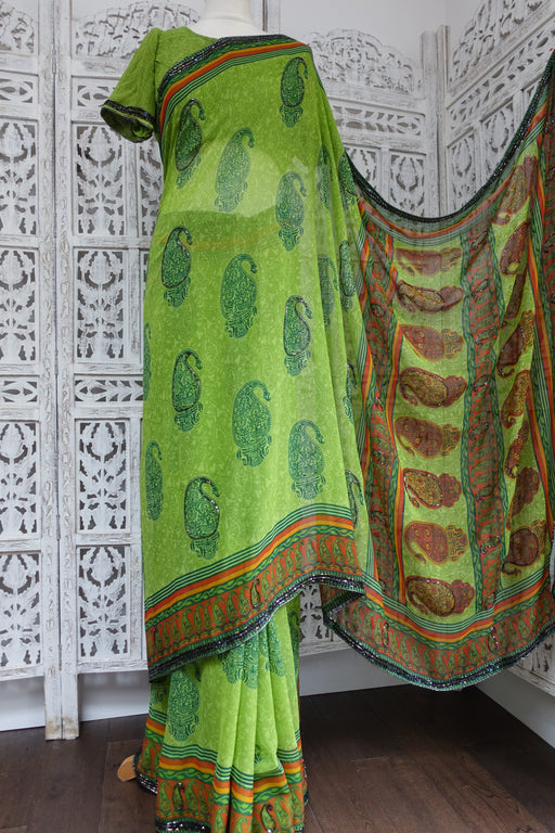 Bright Green Printed Chiffon Sari+ 37 Bust Blouse - Preloved - Indian Suit Company