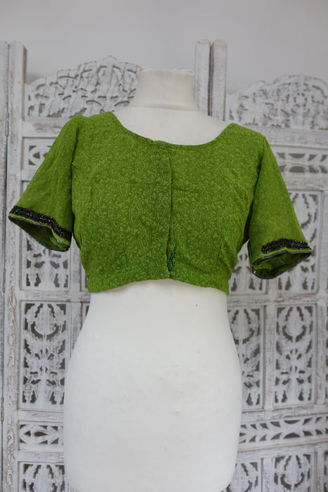 Bright Green Printed Chiffon Sari+ 37 Bust Blouse - Preloved