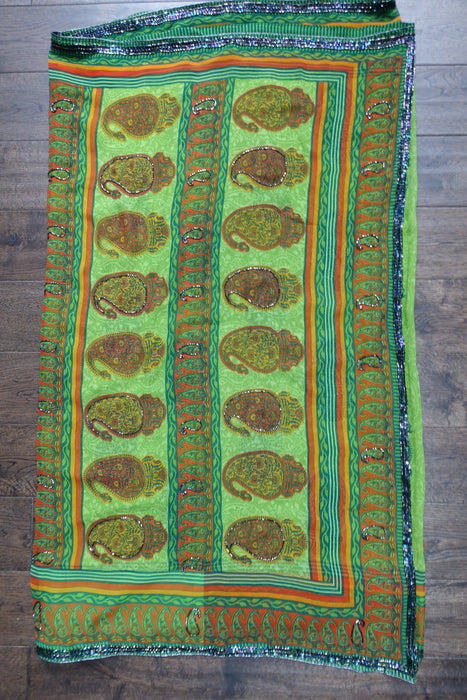 Bright Green Printed Chiffon Sari+ 37 Bust Blouse - Preloved