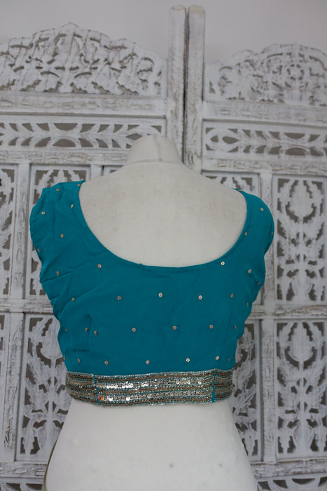 Sky Blue & Grey Taupe Chiffon Sari & 35 Bust Blouse - Preloved