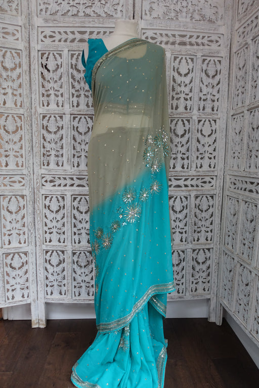 Sky Blue & Grey Taupe Chiffon Sari & 35 Bust Blouse - Preloved - Indian Suit Company