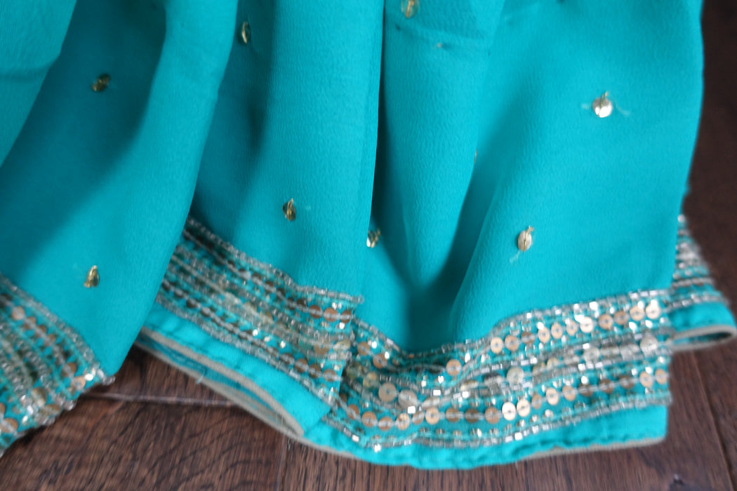 Sky Blue & Grey Taupe Chiffon Sari & 35 Bust Blouse - Preloved