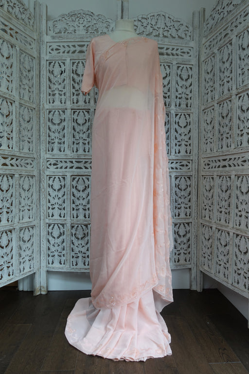 Soft Peach Silk Chiffon Sari - New - Indian Suit Company