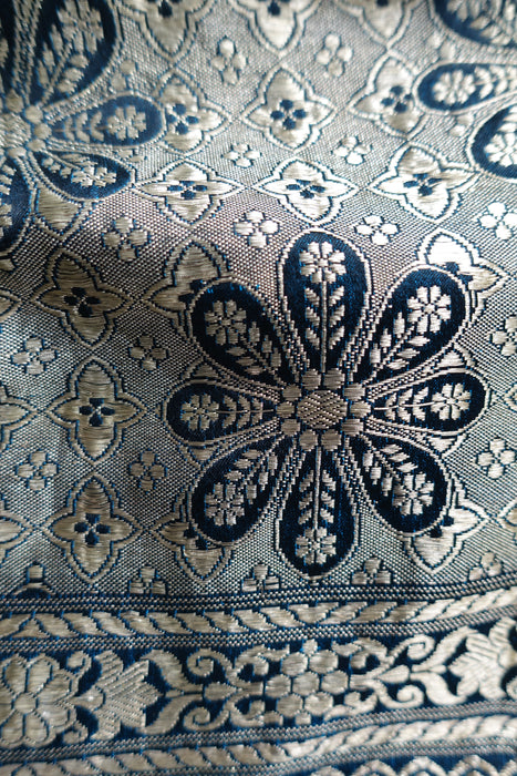 Blue Sateen Silk Vintage Sari - Preloved - Indian Suit Company