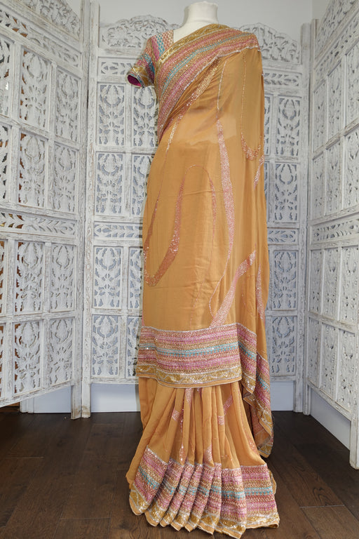 Caramel Beaded Banarsi Brocade Sari + 36 Bust Blouse - Preloved - Indian Suit Company