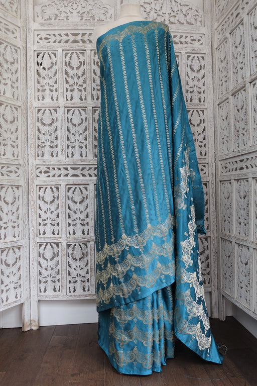 Denim Blue Sateen Silk Sari & Blouse Piece - New - Indian Suit Company