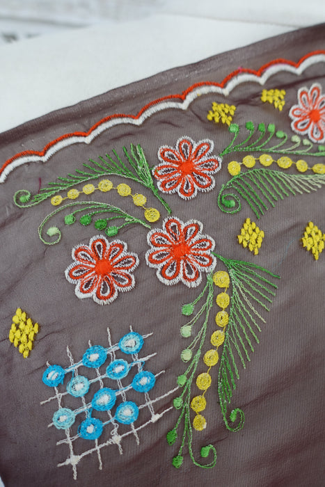 Brown Vintage Embroidered American Georgette Sari - Preloved - Indian Suit Company