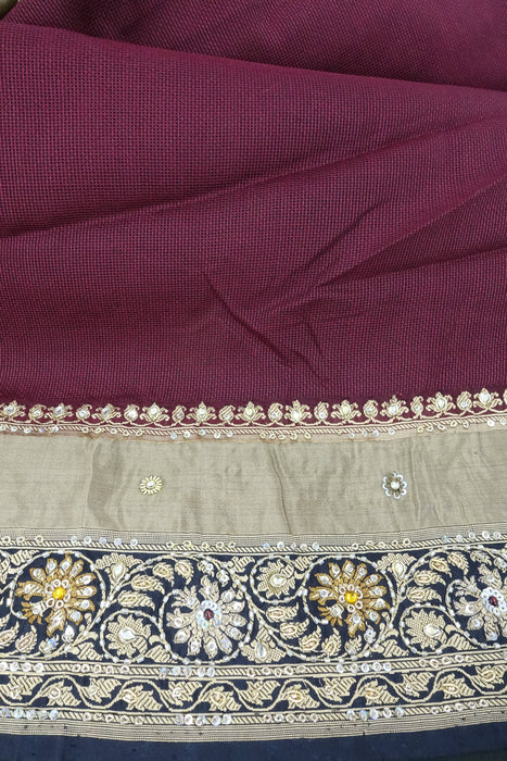 Deep Plum And Black Embellished Sari + 37 Bust Blouse - Preloved - Indian Suit Company