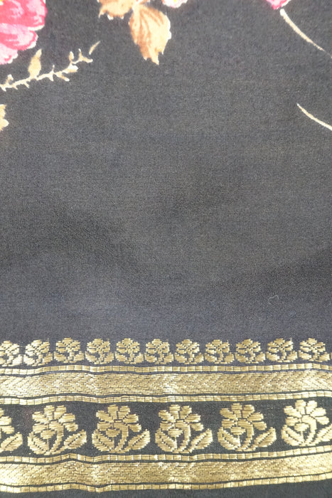 Black Printed Vintage Silk Sari - Preloved - Indian Suit Company