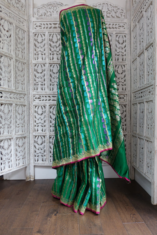 Green Silk Blend Vintage Metallic Thread Spun Sari - New - Indian Suit Company
