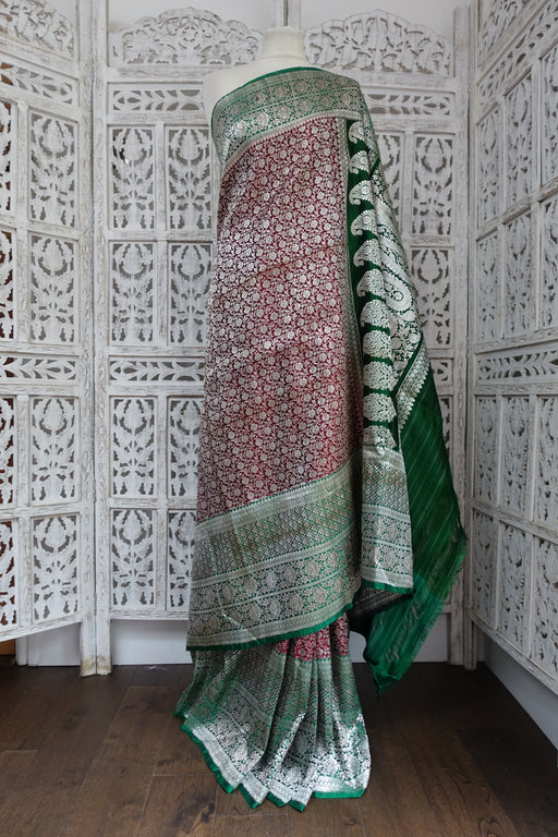 Red & Green Vintage  Banarsi Brocade Sari - Preloved - Indian Suit Company
