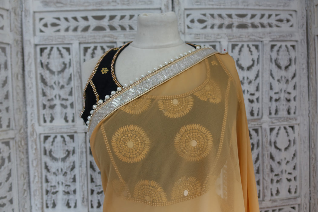 Black & Gold Chiffon Sari With 36 Bust Blouse - Preloved
