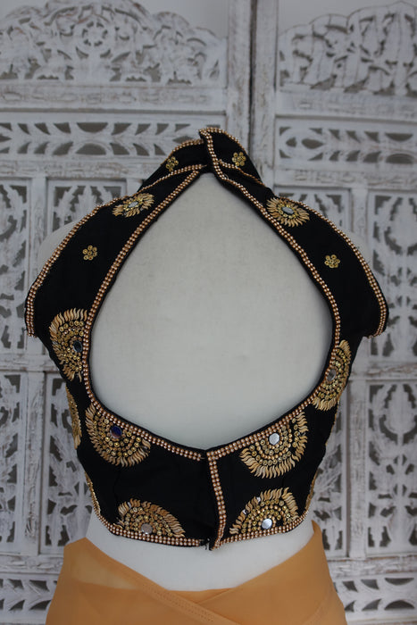 Black & Gold Chiffon Sari With 36 Bust Blouse - Preloved