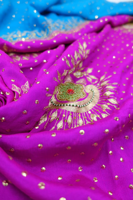 Pink & Peacock Blue Vintage Silk Sari - New