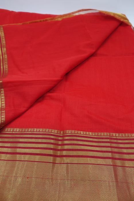 Red And Gold Cotton Blend Sari - New