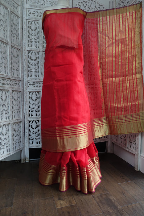 Red And Gold Cotton Blend Sari - New