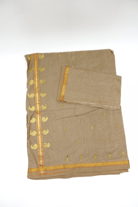 Beige Cotton And Gold Sari And Blouse Piece - New