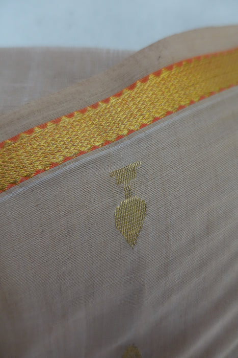 Beige Cotton And Gold Sari And Blouse Piece - New