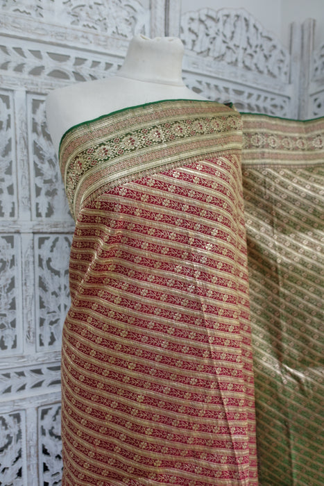 Red And Green Vintage Banarsi Brocade Sari - New