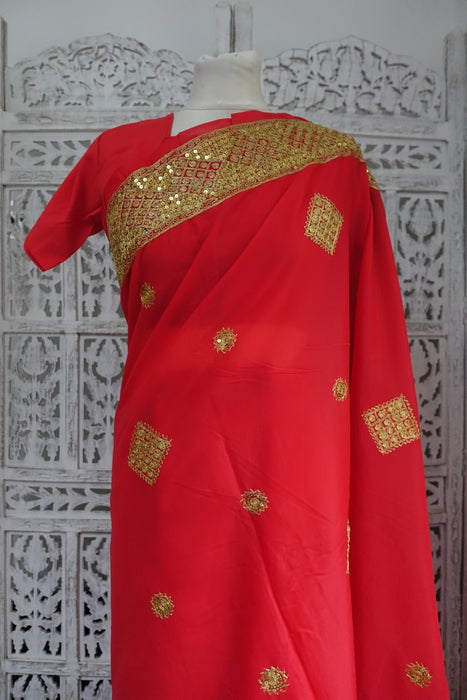 Red Vintage Sequinned Wedding Sari - New