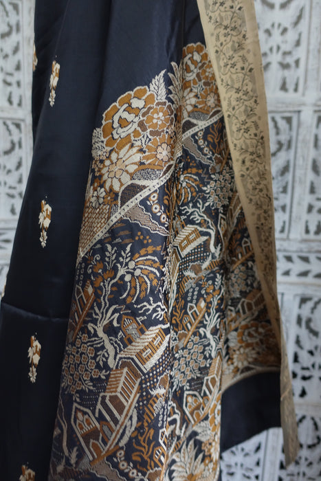 Black Silk Blend Woven Palla Sari - New