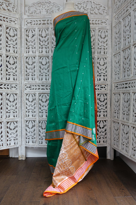 Green & Ochre Pure Silk Vintage Sari - New